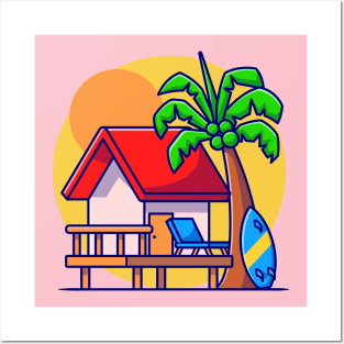 Cottage At beach With Sunset Cartoon Posters and Art